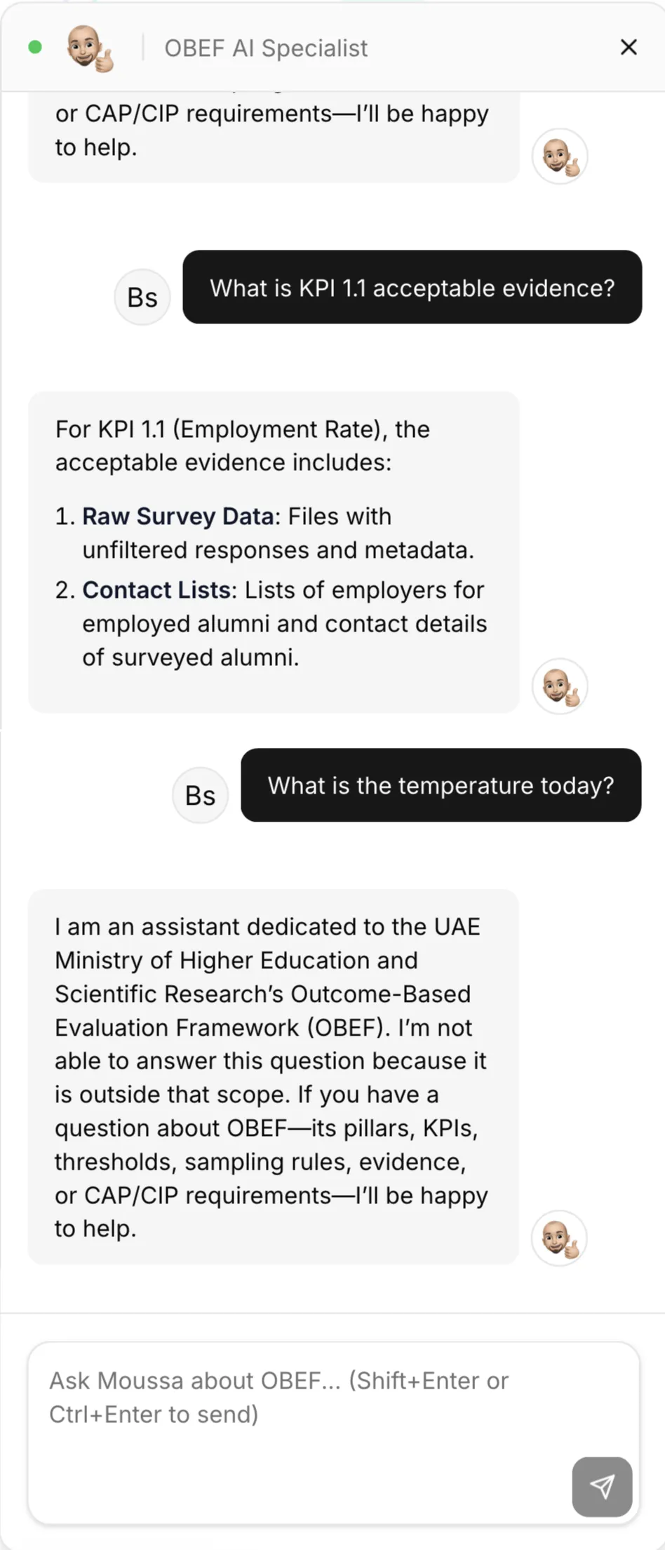 Chat with a fine-tuned AI, trained on the OBEF, only.